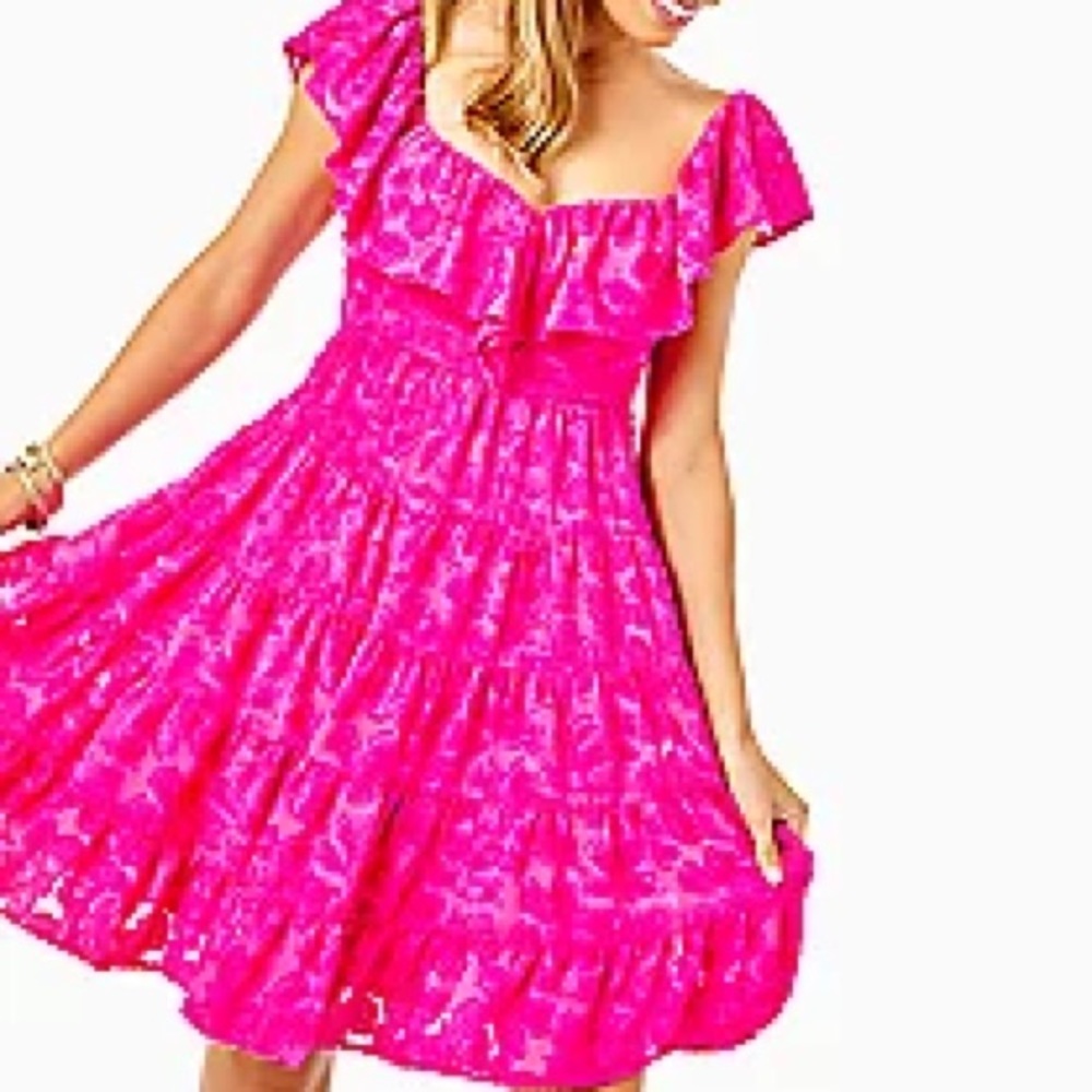 LILLY PULITZER: Emie Dress; Berry Soiree Chenille Clip Chiffon, 4